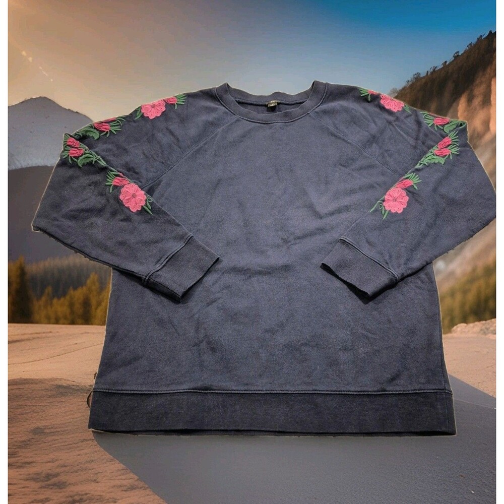 J.Crew Floral Embroidered Raglan Sleeve Sweatshirt Navy Pink Size M